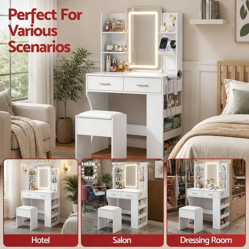 LED Vanity Dressing Table Makeup Desk with Mirror Stool White Bedroom Furniture