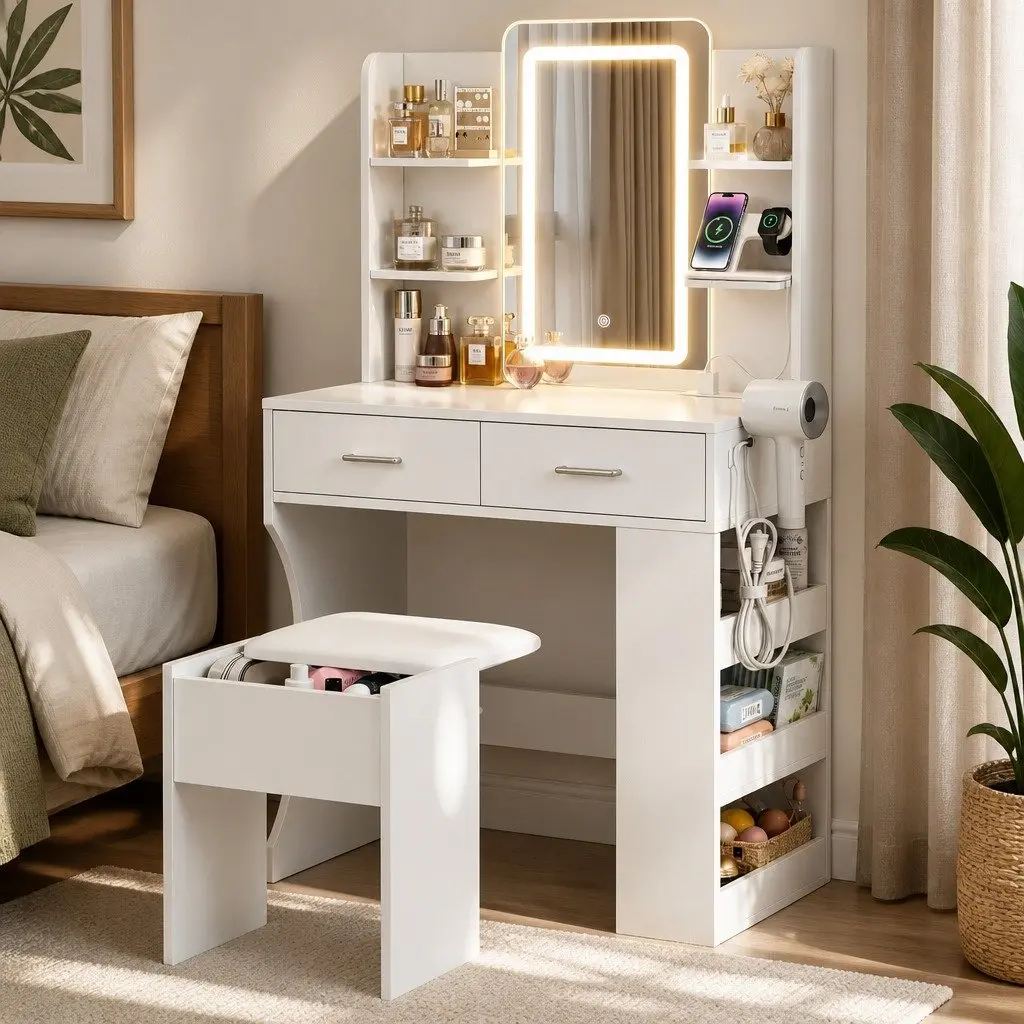 LED Vanity Dressing Table Makeup Desk with Mirror Stool White Bedroom Furniture