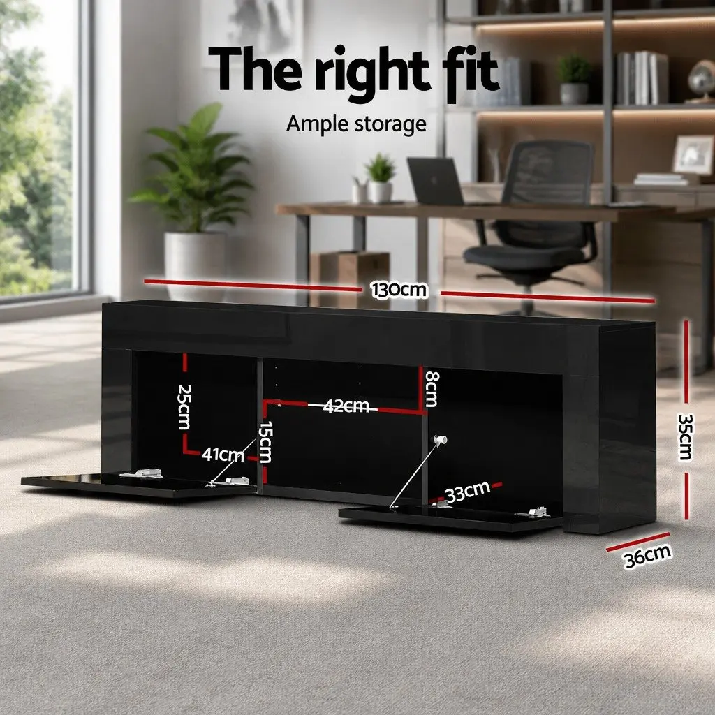 TV Unit for Living Room 130cm Black with Customizable RGB LED Lighting and Storage Cabinets
