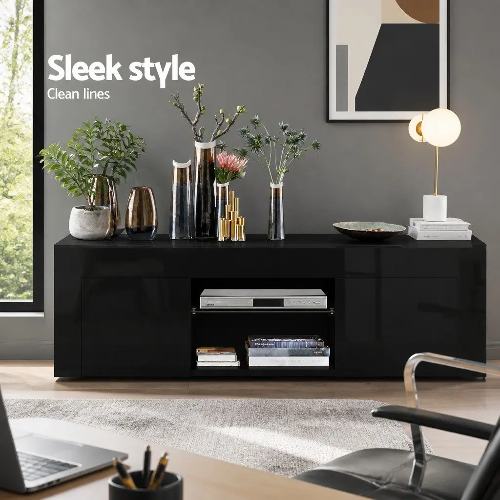 TV Unit for Living Room 130cm Black with Customizable RGB LED Lighting and Storage Cabinets
