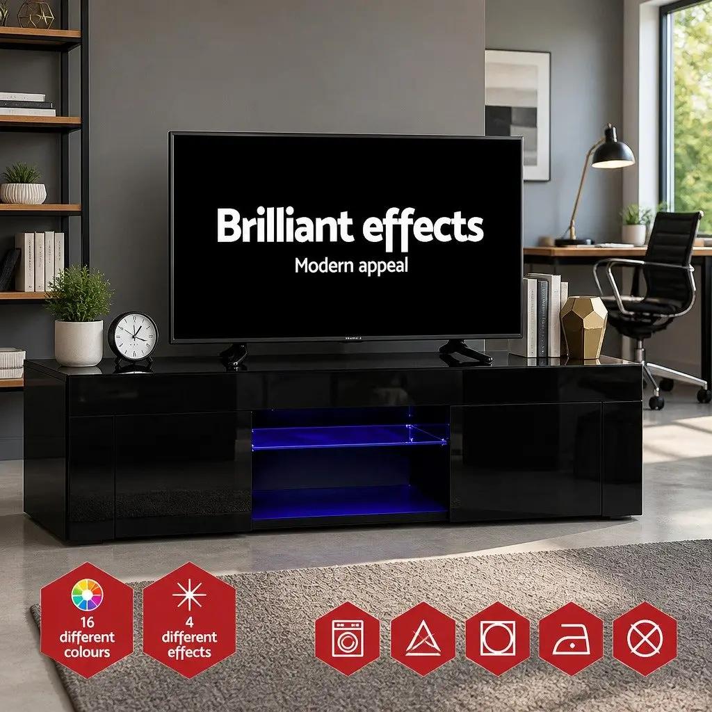 TV Unit for Living Room 130cm Black with Customizable RGB LED Lighting and Storage Cabinets