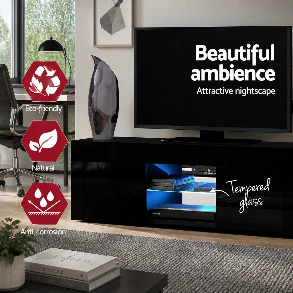 TV Unit for Living Room 130cm Black with Customizable RGB LED Lighting and Storage Cabinets