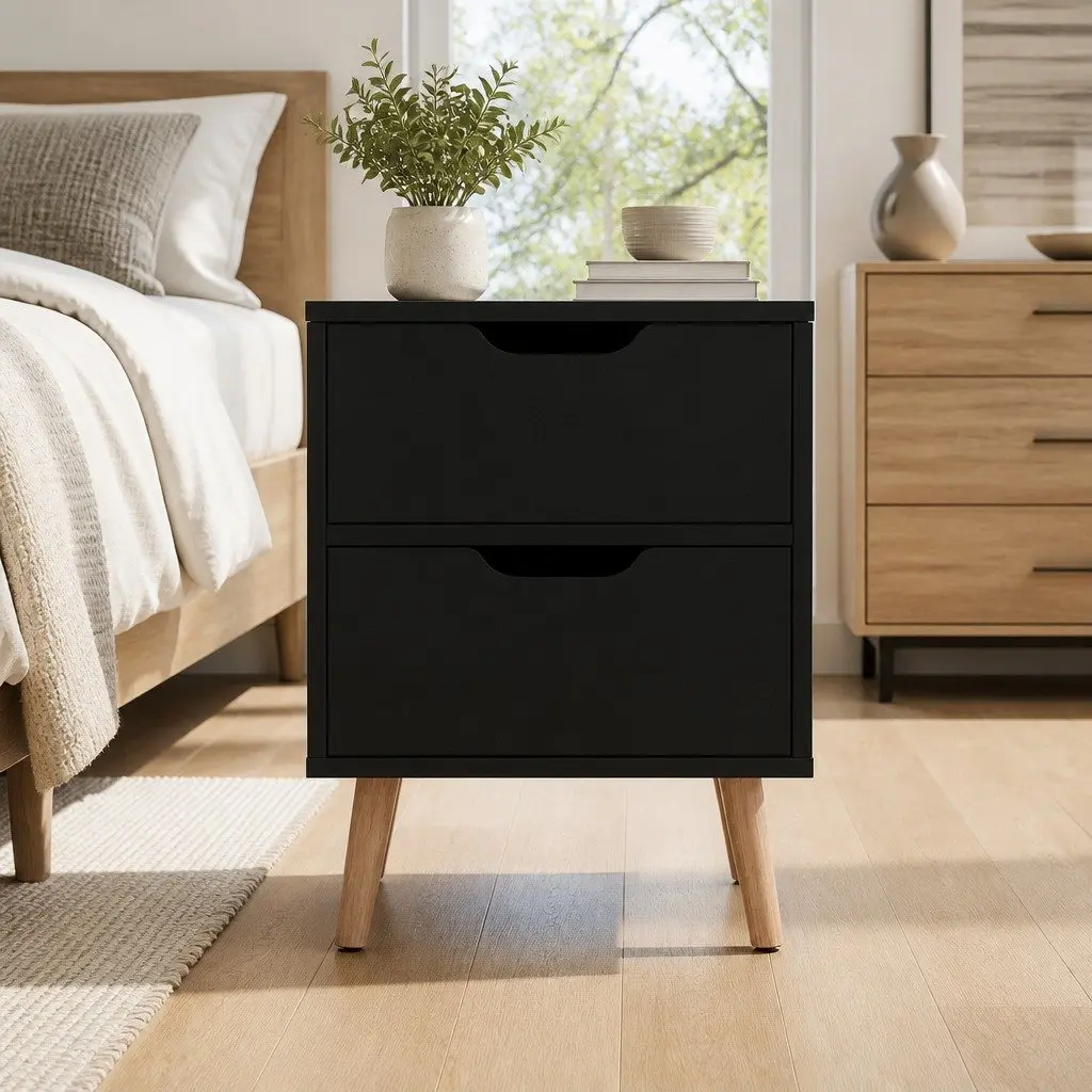 Bedside Table Storage Bedroom 2 Drawers Black Particle Board
