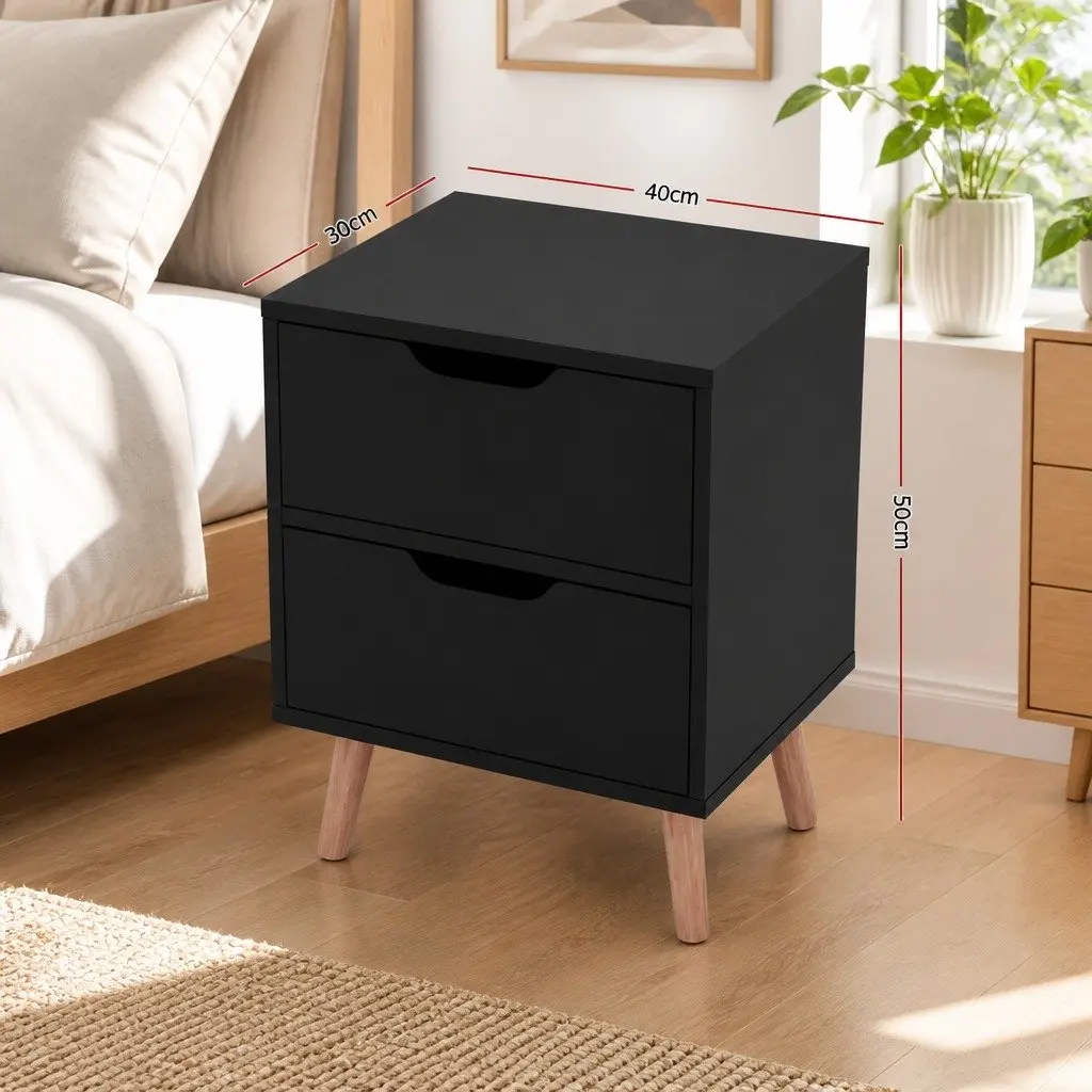 Bedside Table Storage Bedroom 2 Drawers Black Particle Board