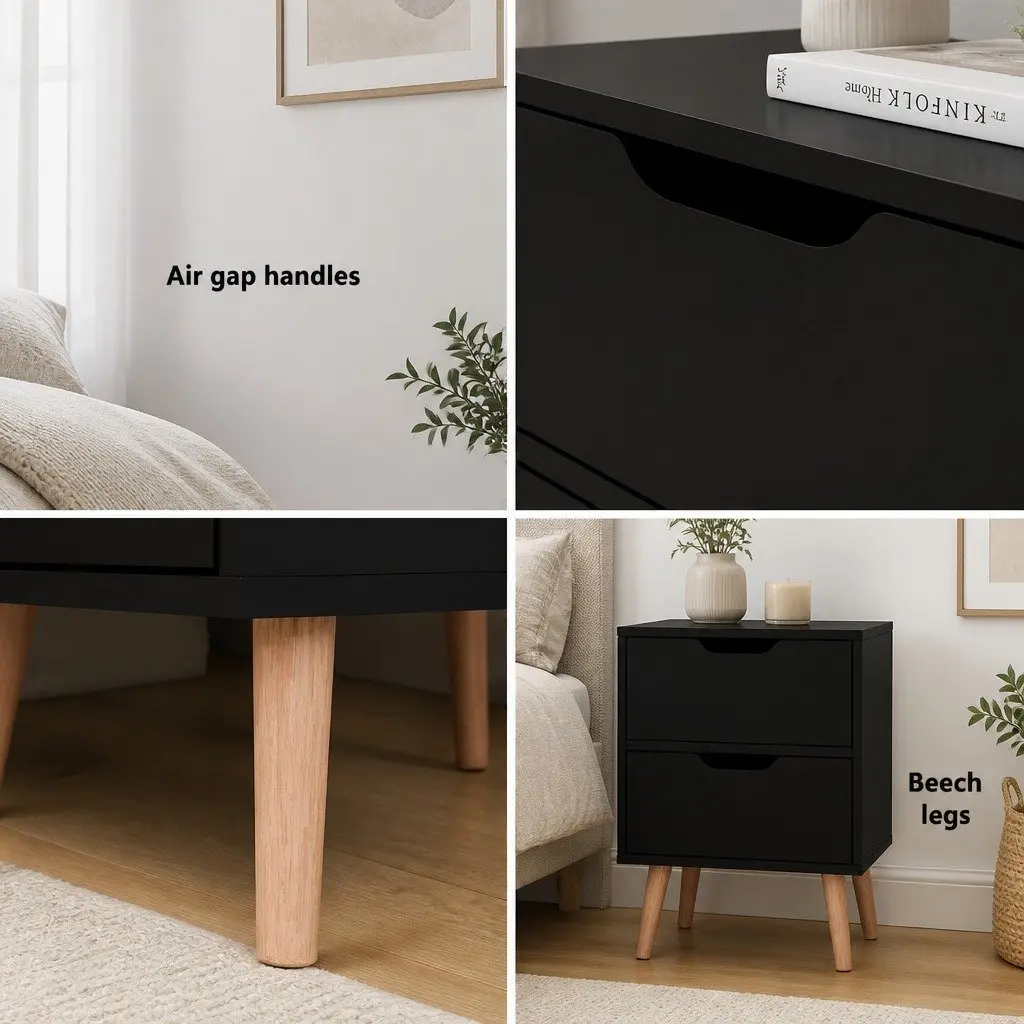 Bedside Table Storage Bedroom 2 Drawers Black Particle Board