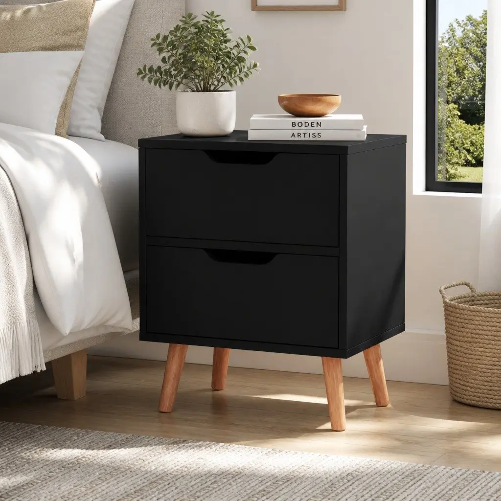 Bedside Table Storage Bedroom 2 Drawers Black Particle Board