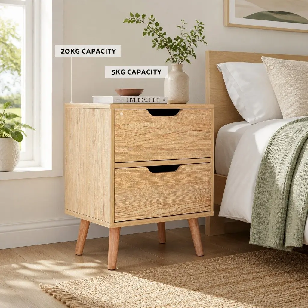 Bedside Table 2 Drawers Nightstand Black Bedroom Storage Furniture Easy Assembly