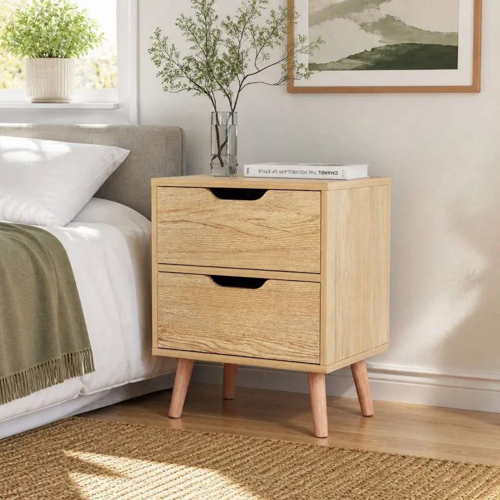 Bedside Table 2 Drawers Nightstand Black Bedroom Storage Furniture Easy Assembly
