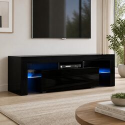 130cm Black TV Entertainment Unit with Tempered Glass Shelves