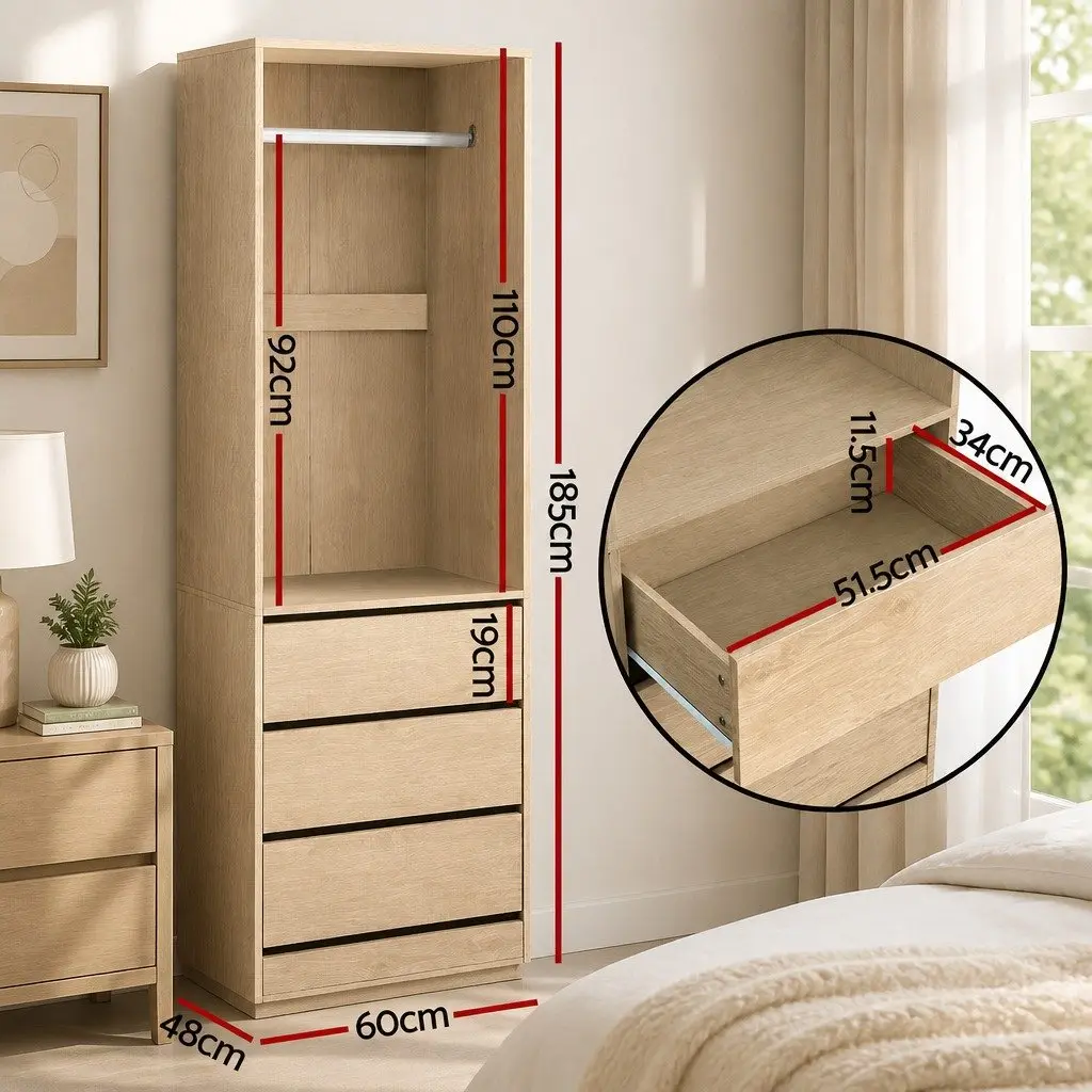 Wardrobe Storage Organizer for Bedroom or Laundry with 3 Drawers and Metal Hanging Rail Pine