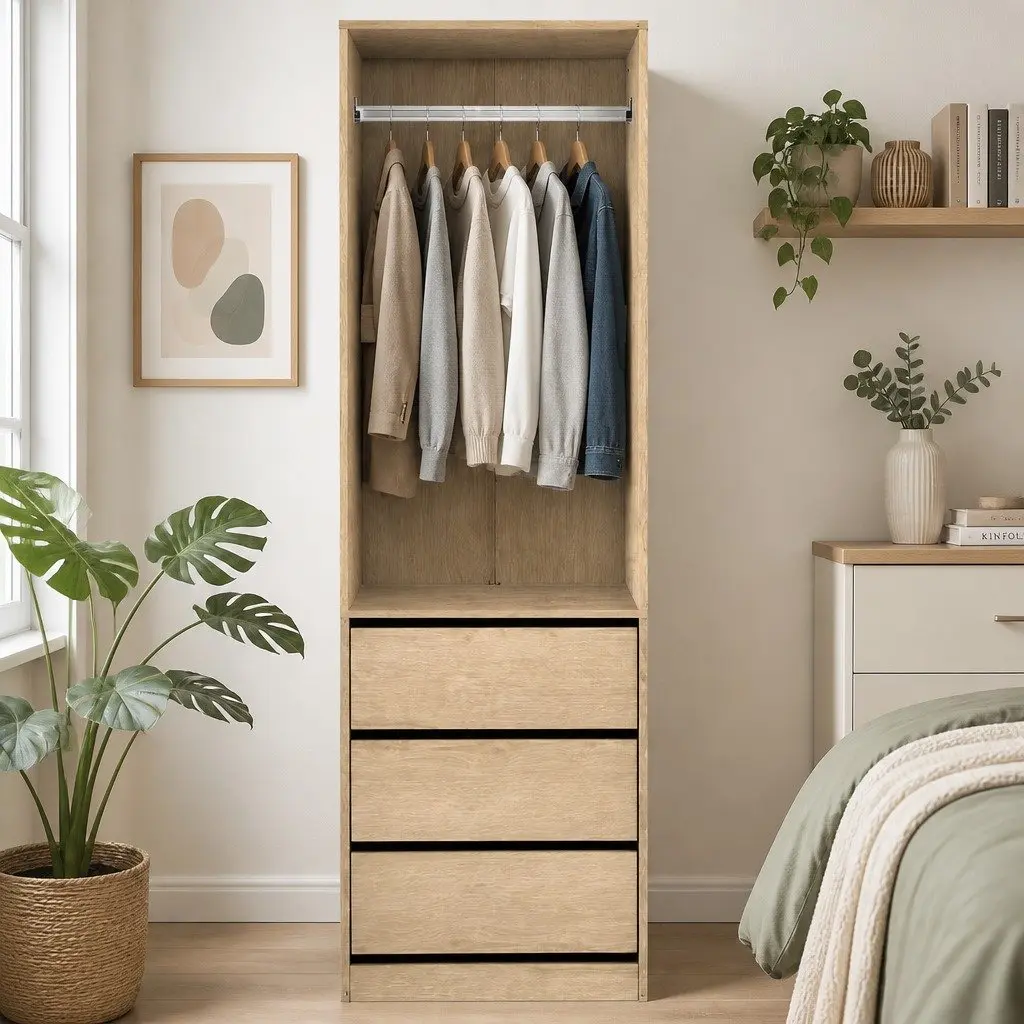 Wardrobe Storage Organizer for Bedroom or Laundry with 3 Drawers and Metal Hanging Rail Pine