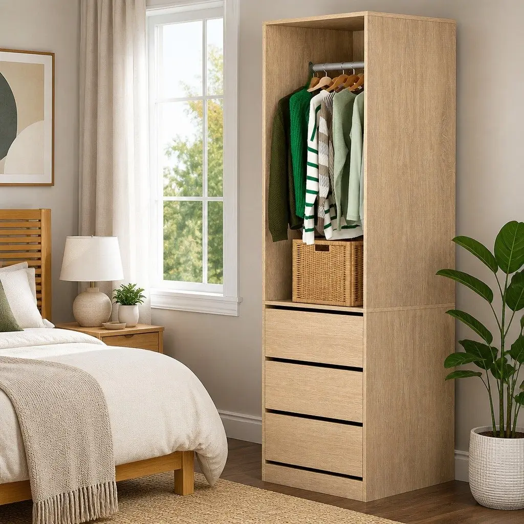 Wardrobe Storage Organizer for Bedroom or Laundry with 3 Drawers and Metal Hanging Rail Pine