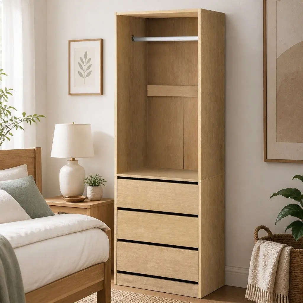 Wardrobe Storage Organizer for Bedroom or Laundry with 3 Drawers and Metal Hanging Rail Pine