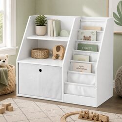Kids Bookshelf Storage Organizer with Fabric Sling Pouches Drawer Shelving White