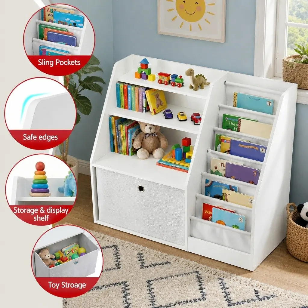Kids Bookshelf Storage Organizer for Kids Room White 91cm x 39.5cm x 80cm