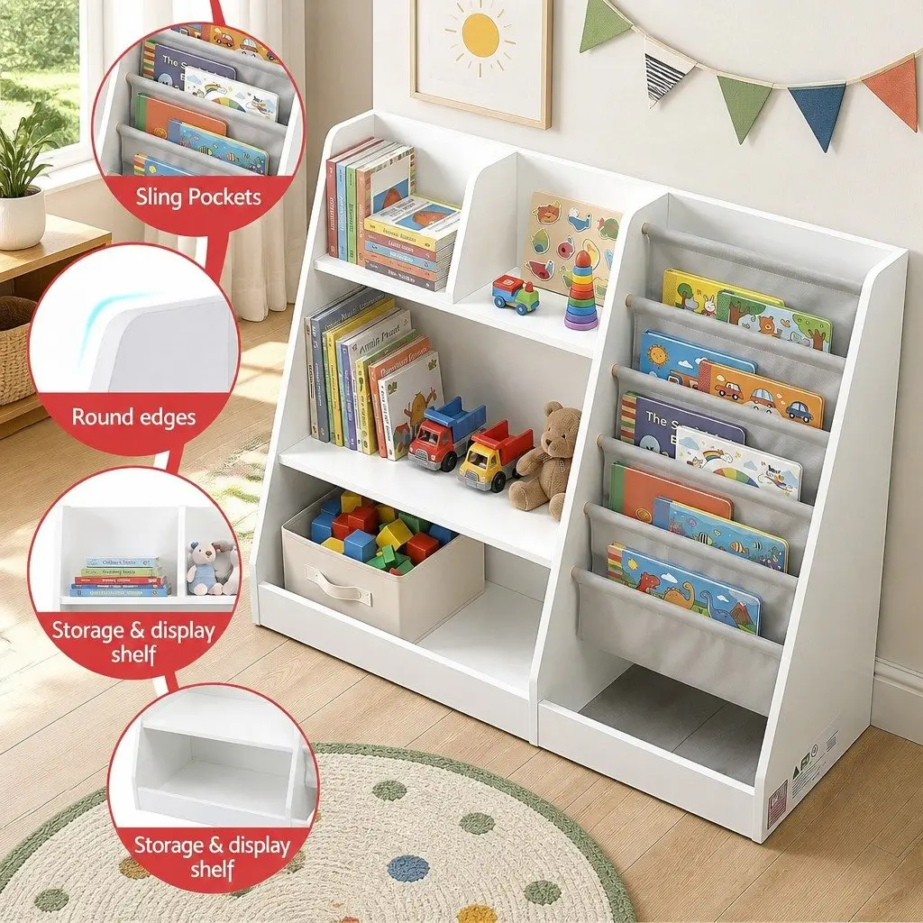 Kids Bookshelf Storage Organizer for Toddler Room White