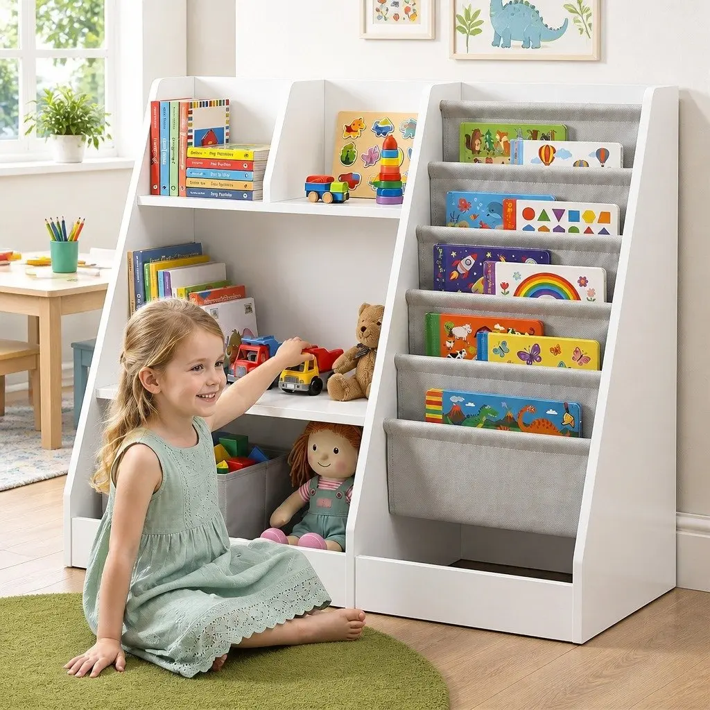 Kids Bookshelf Storage Organizer for Toddler Room White