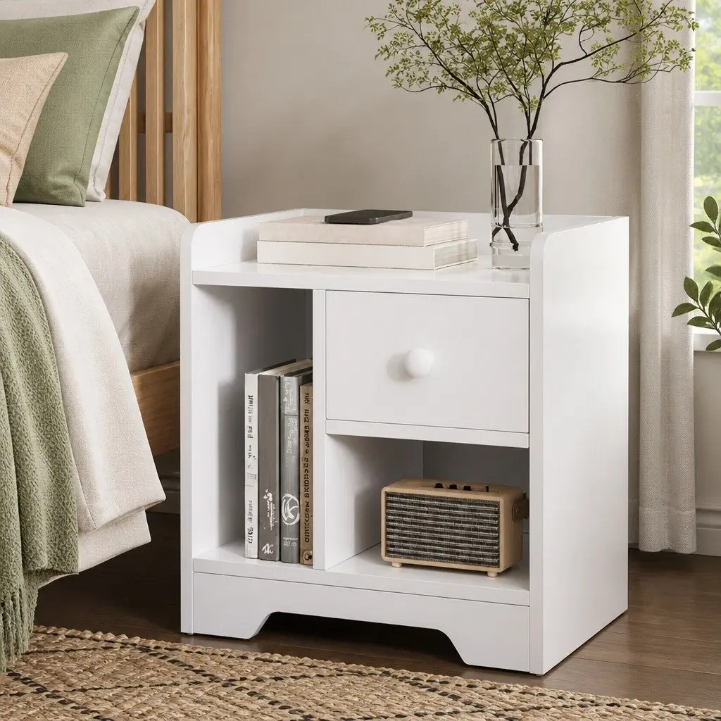 Bedside Table Nightstand with Drawer Open Shelf Storage Side End Table White