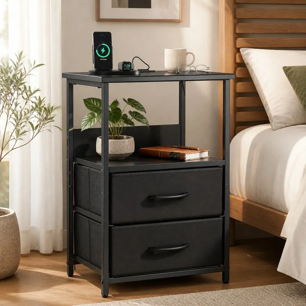 Bedside Table LED Nightstand with Charging Station 2 Foldable Drawers Black