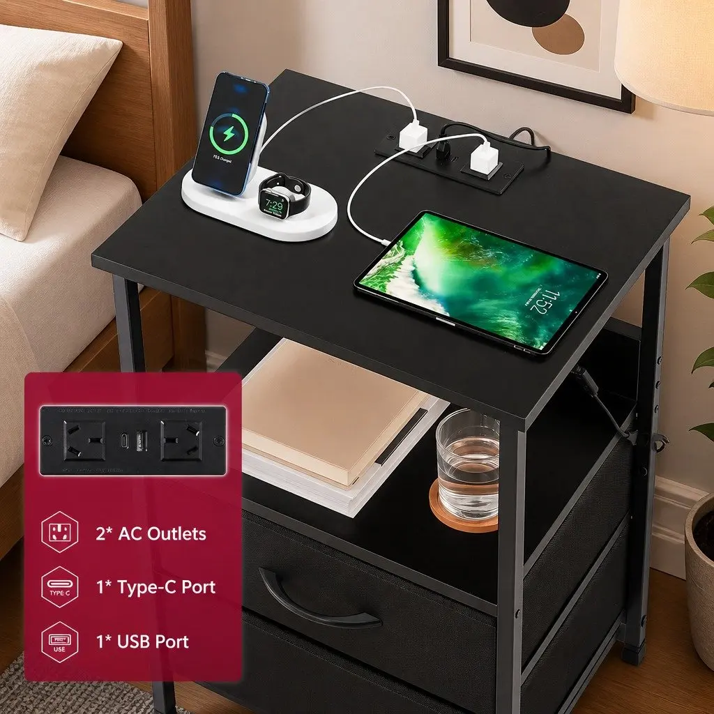 Bedside Table LED Nightstand with Charging Station 2 Foldable Drawers Black