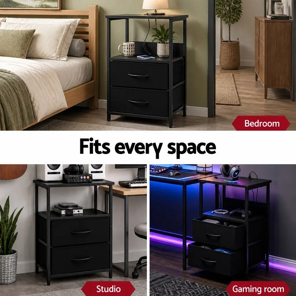 Bedside Table LED Nightstand with Charging Station 2 Foldable Drawers Black