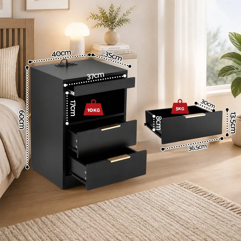 LED Nightstand 40cm Black with Charging Station and Two Drawers for Bedroom Storage