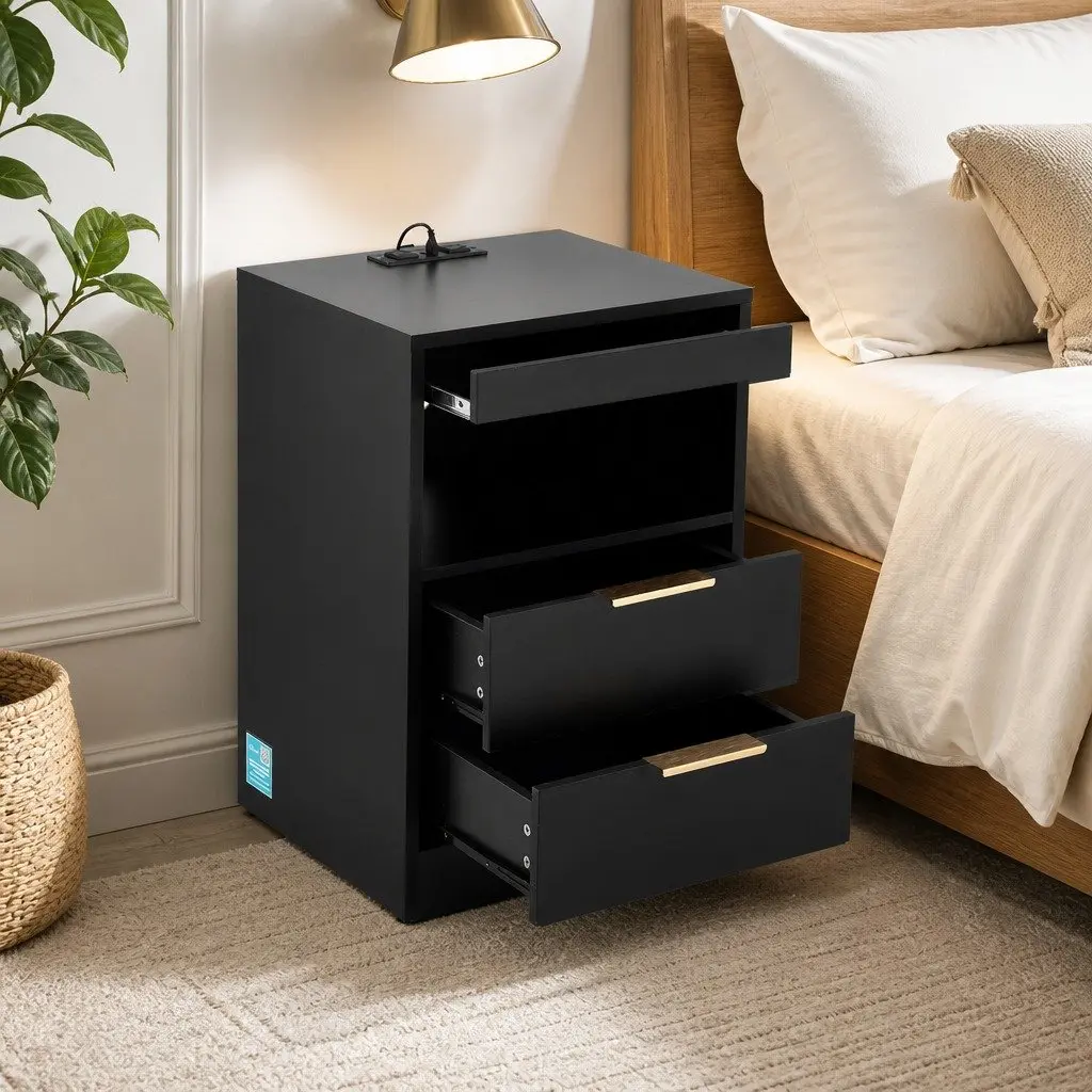LED Nightstand 40cm Black with Charging Station and Two Drawers for Bedroom Storage