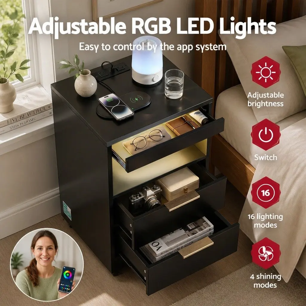LED Nightstand 40cm Black with Charging Station and Two Drawers for Bedroom Storage