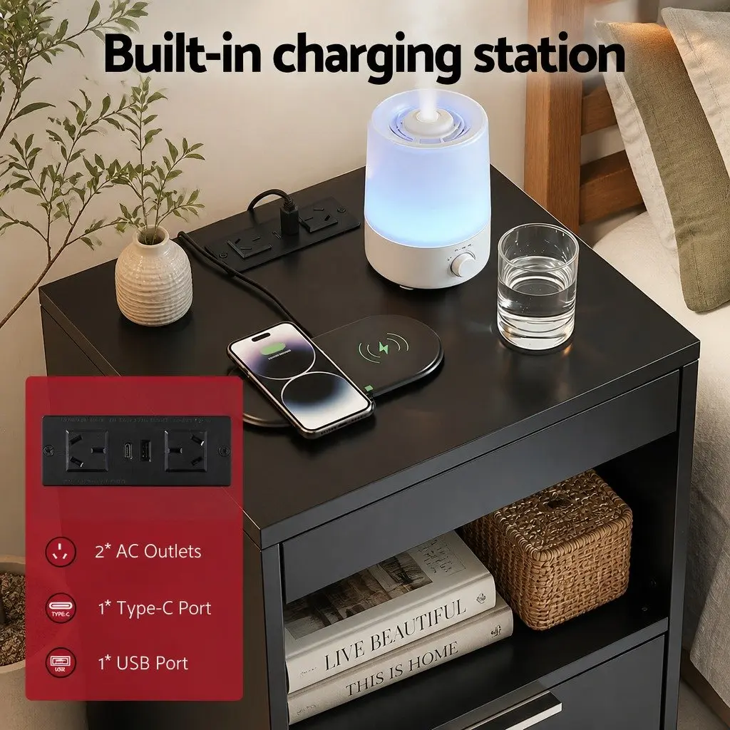 LED Nightstand 40cm Black with Charging Station and Two Drawers for Bedroom Storage
