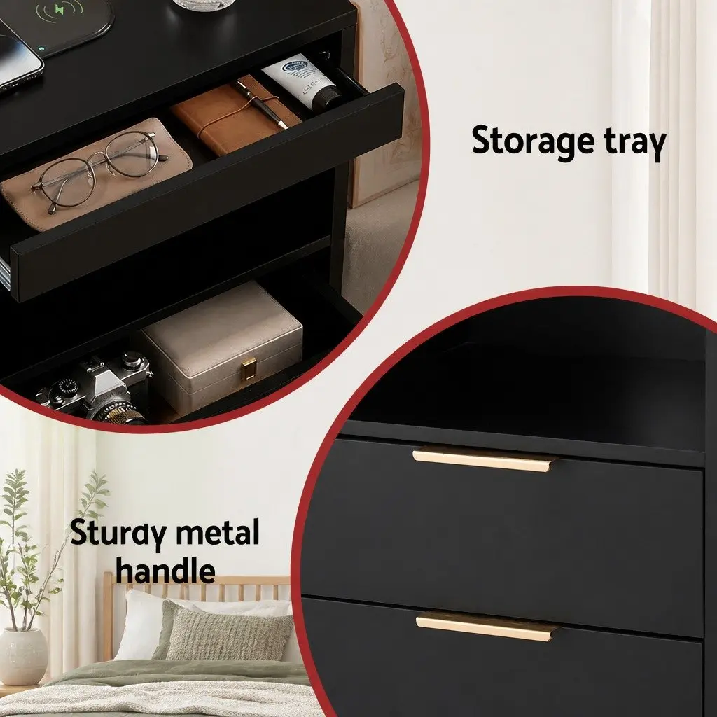 LED Nightstand 40cm Black with Charging Station and Two Drawers for Bedroom Storage