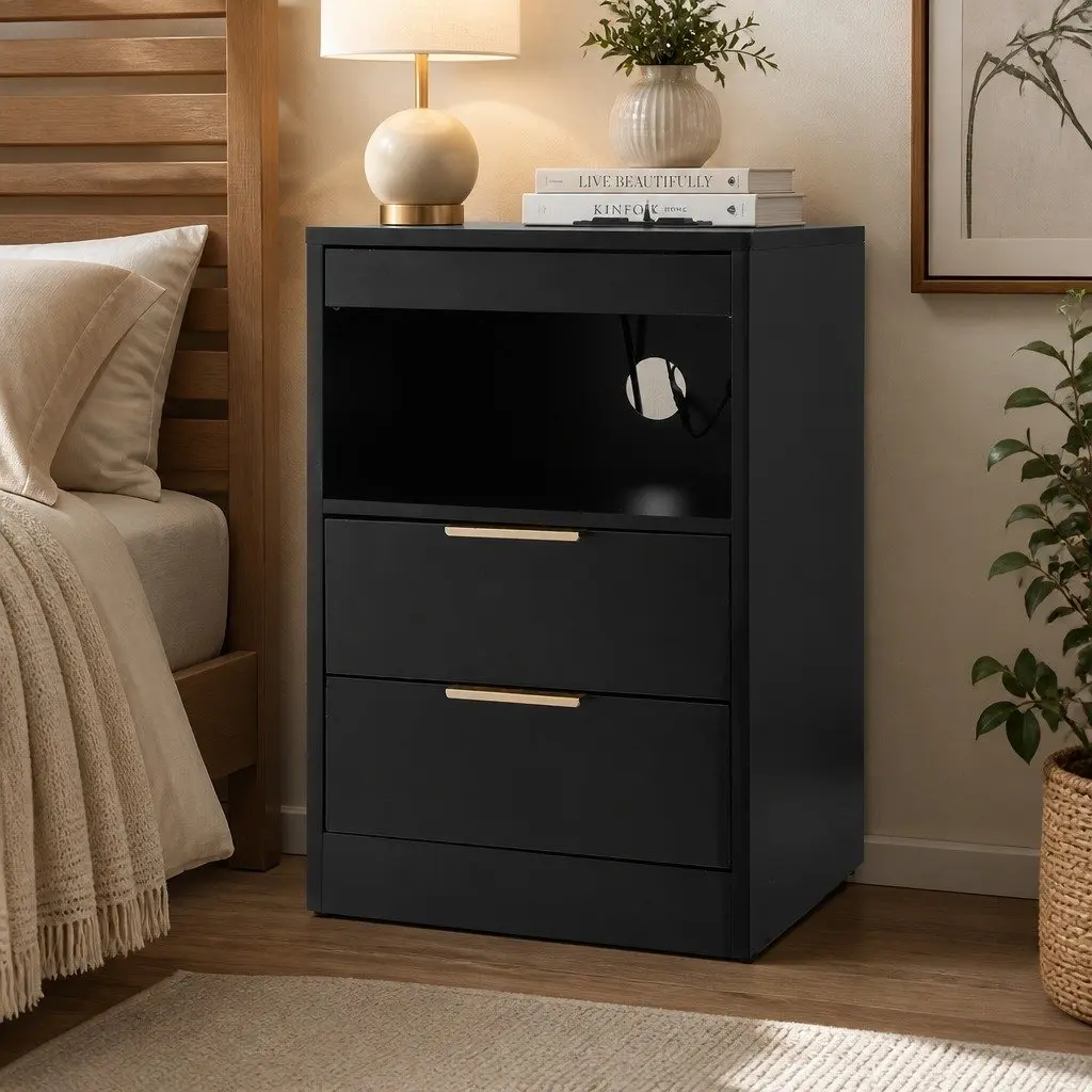 LED Nightstand 40cm Black with Charging Station and Two Drawers for Bedroom Storage