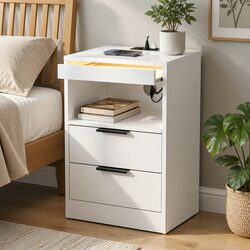 LED Bedside Table: White Nightstand with Charging Functionality