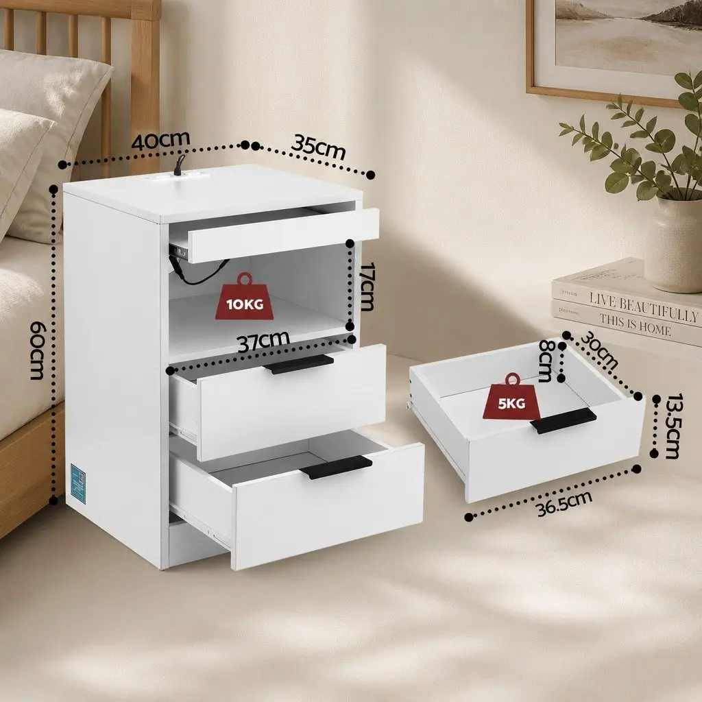 Bedside Table Charging Station with LED Lights 2 Drawers White Bedroom Furniture