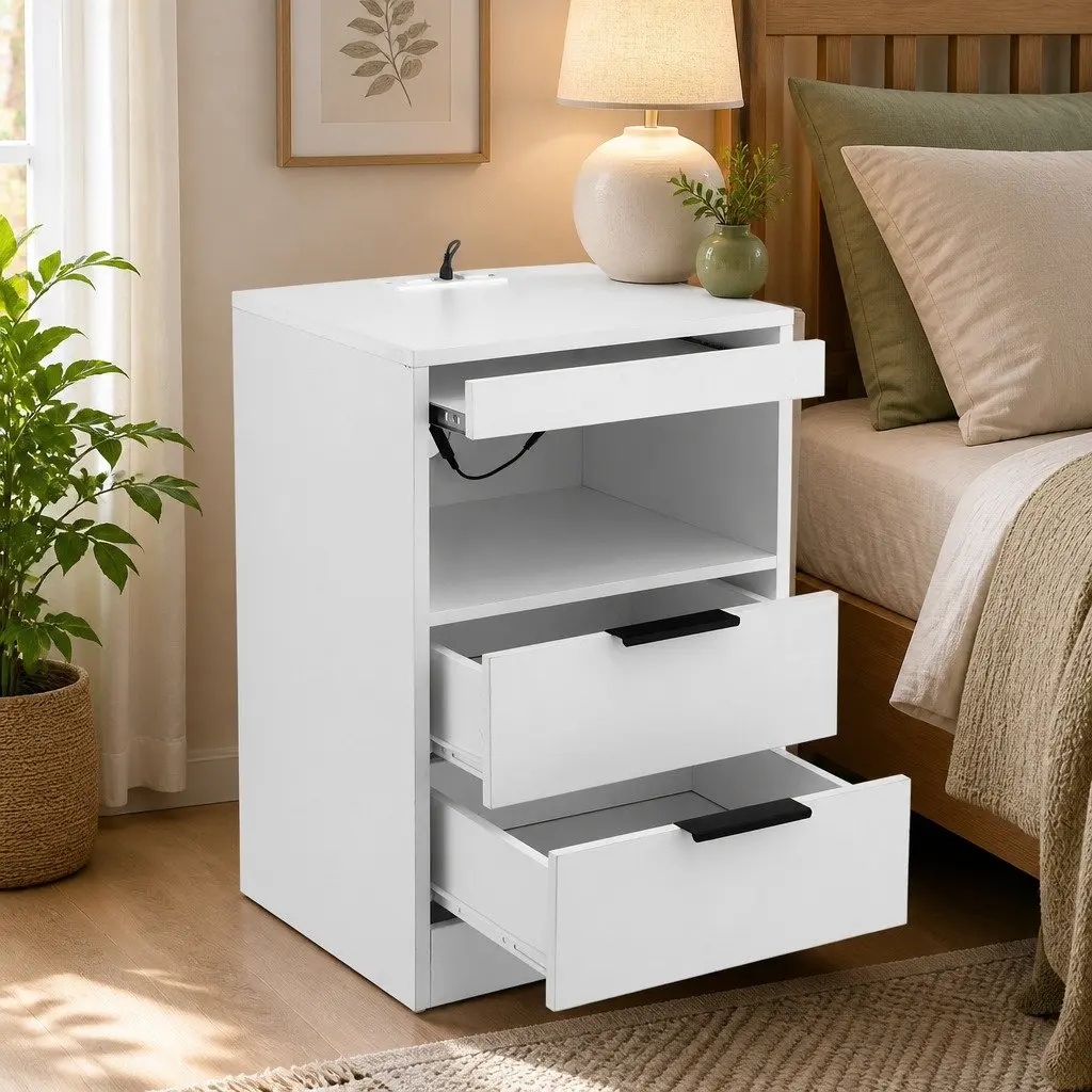 Bedside Table Charging Station with LED Lights 2 Drawers White Bedroom Furniture