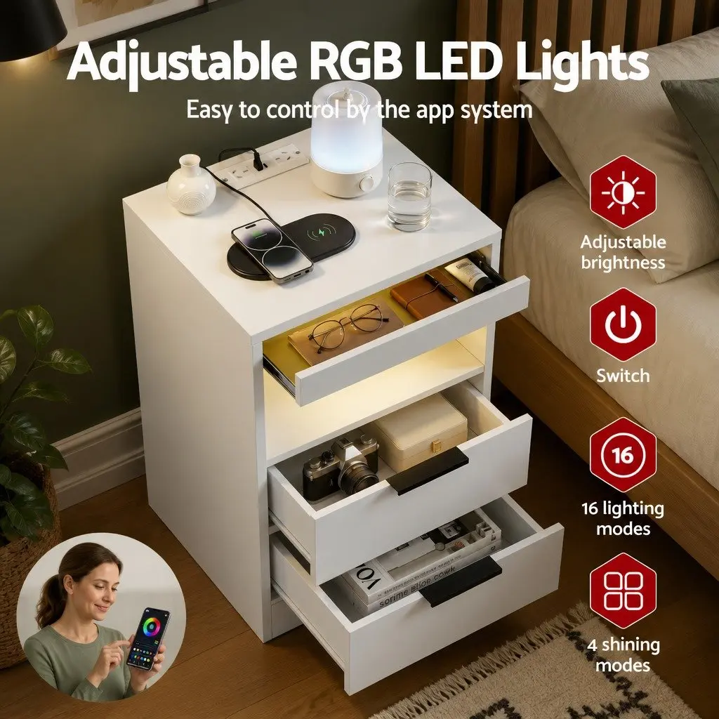 Bedside Table Charging Station with LED Lights 2 Drawers White Bedroom Furniture
