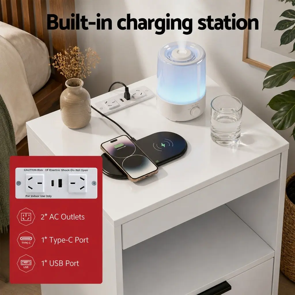 Bedside Table Charging Station with LED Lights 2 Drawers White Bedroom Furniture