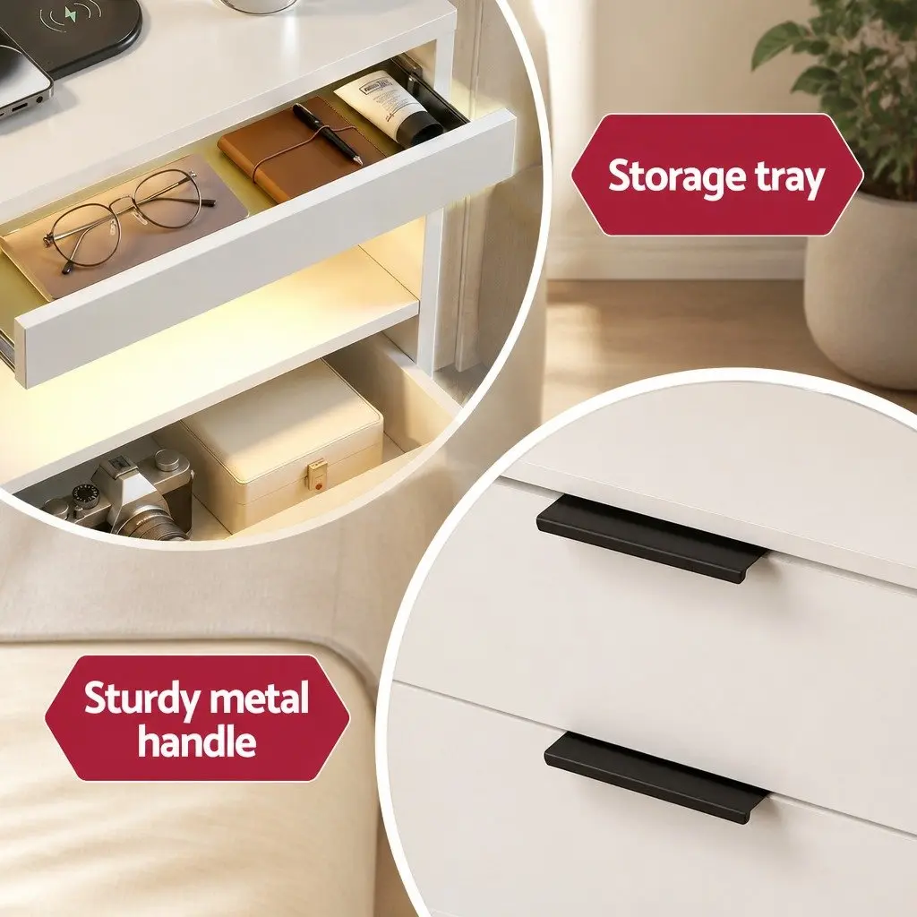 Bedside Table Charging Station with LED Lights 2 Drawers White Bedroom Furniture