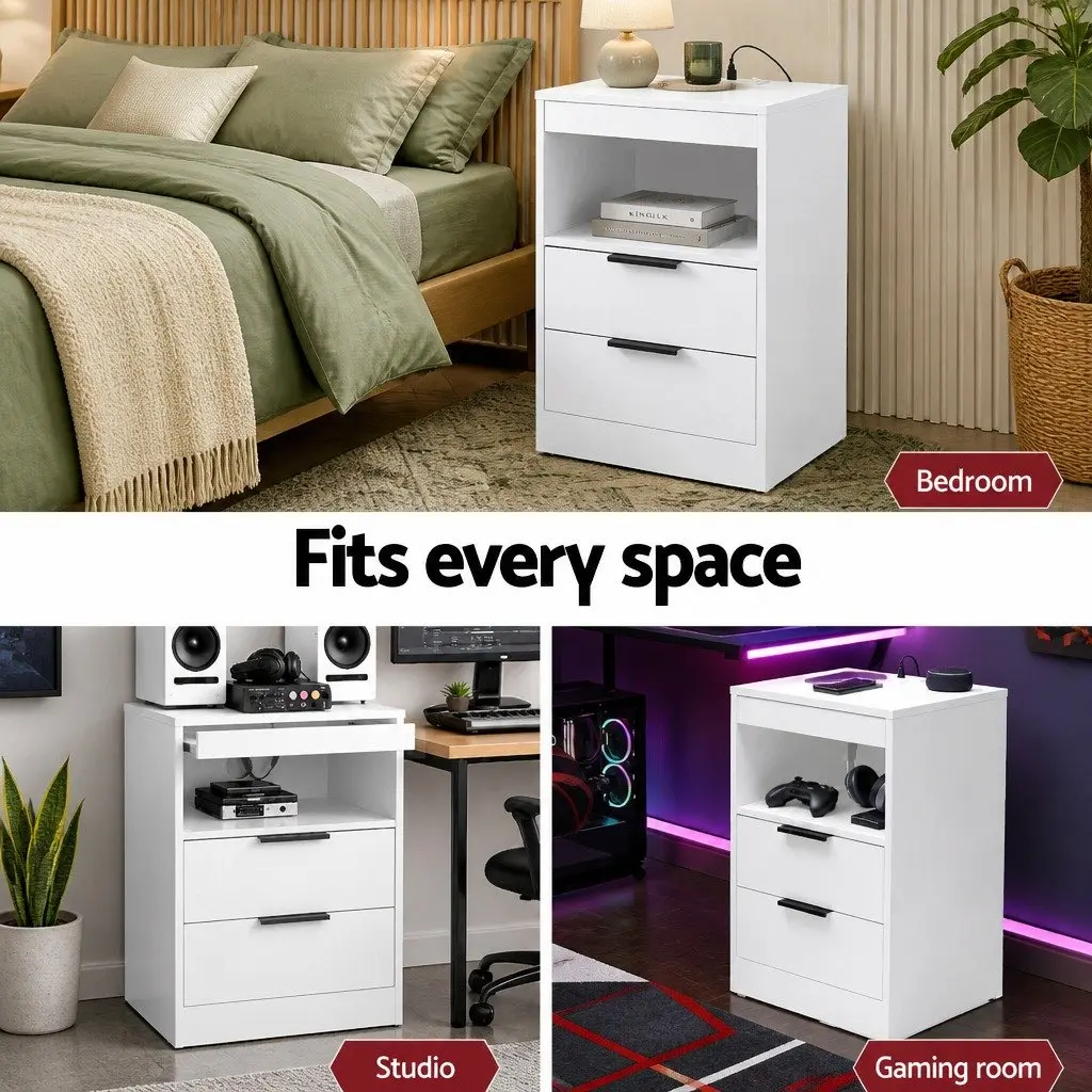 Bedside Table Charging Station with LED Lights 2 Drawers White Bedroom Furniture