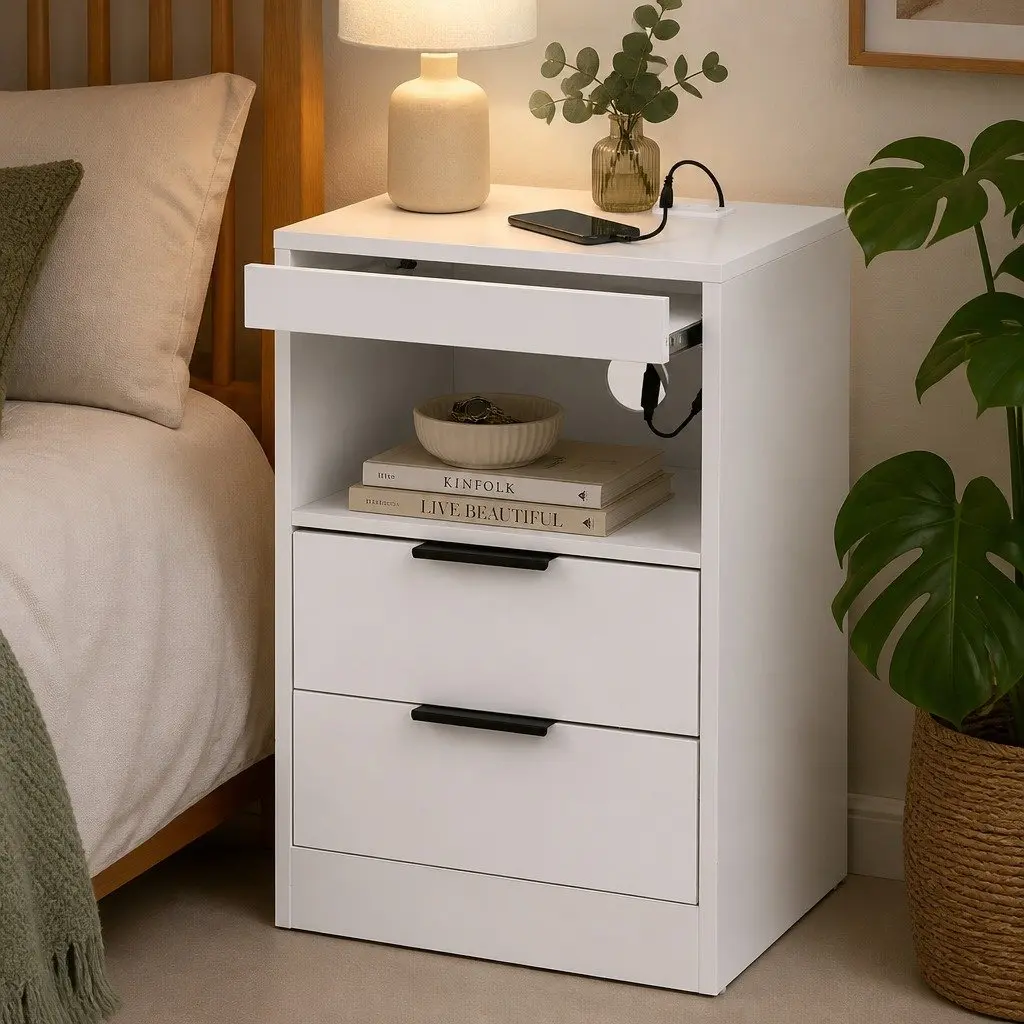 Bedside Table Charging Station with LED Lights 2 Drawers White Bedroom Furniture
