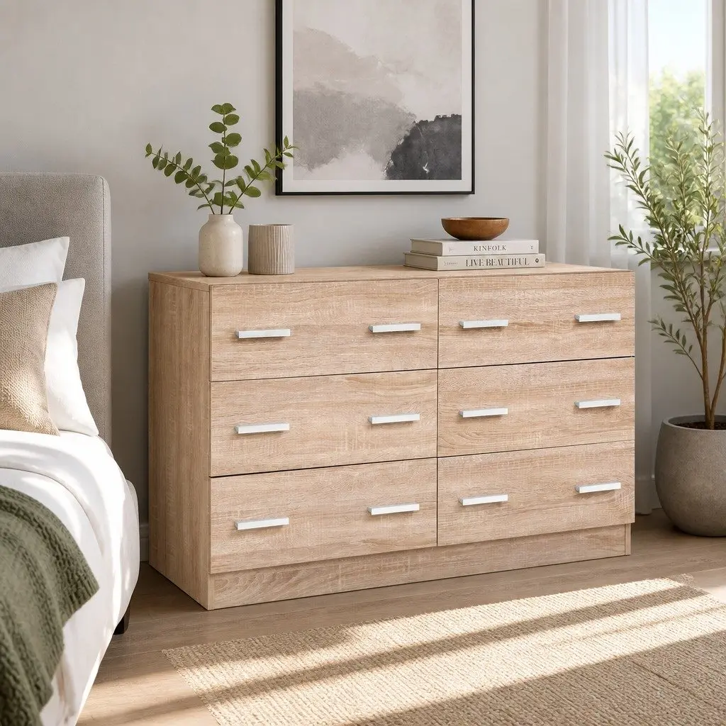 6 Drawer Chest of Drawers Lowboy Bedroom Storage Furniture Pine Wood Dresser
