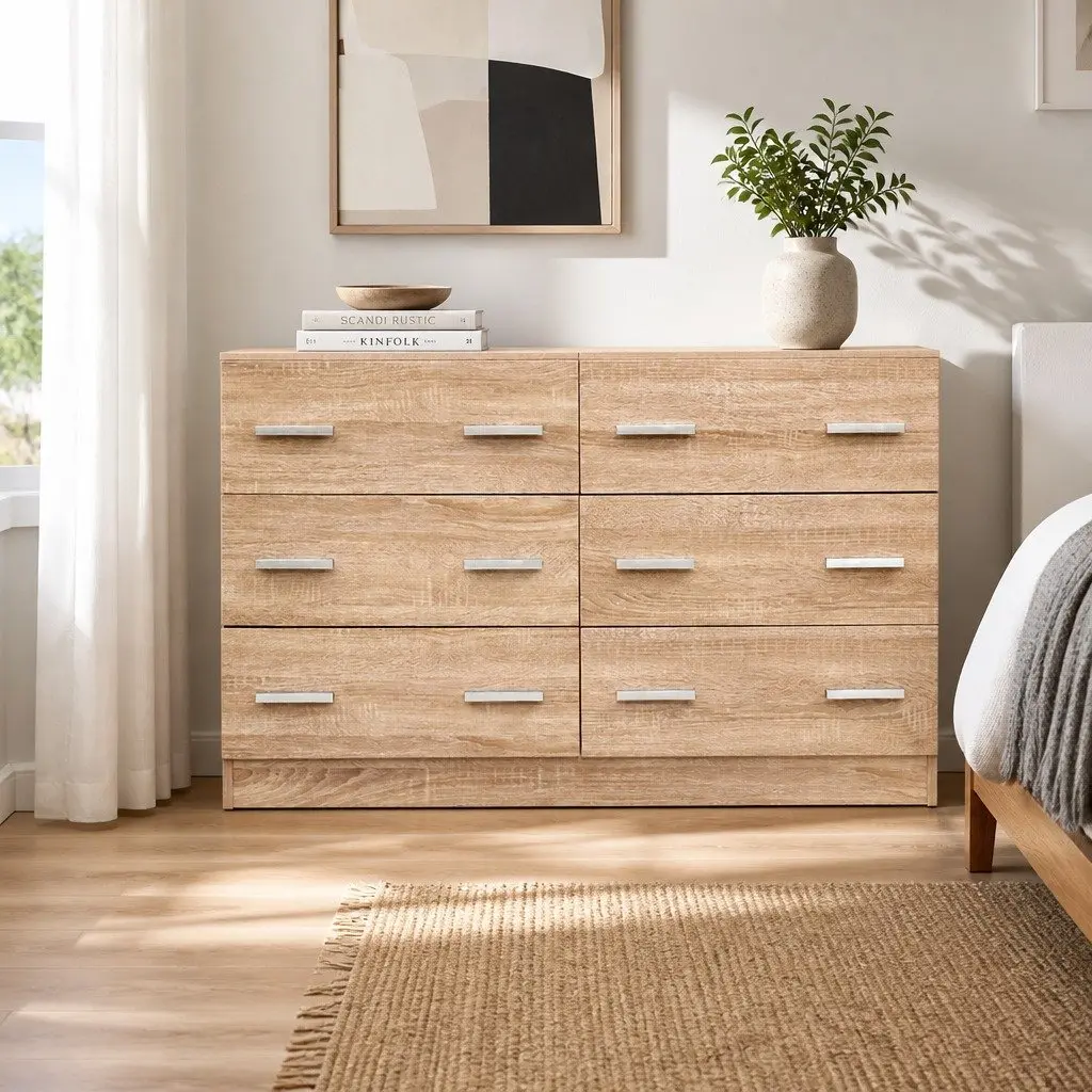 6 Drawer Chest of Drawers Lowboy Bedroom Storage Furniture Pine Wood Dresser