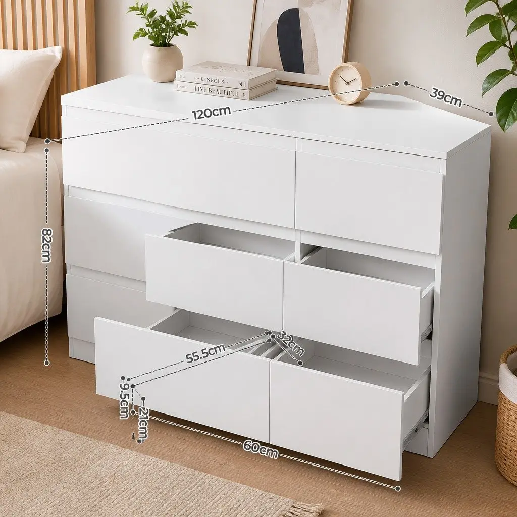 6 Drawer Chest of Drawers White Bedroom Storage Dresser 120cm x 82cm x 39cm