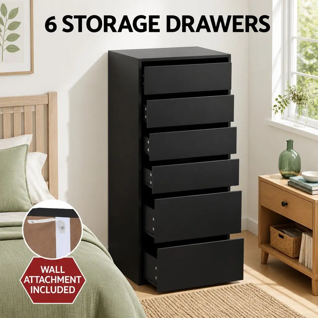 6 Drawer Chest of Drawers Tallboy Bedroom Storage Dresser Furniture Bedside