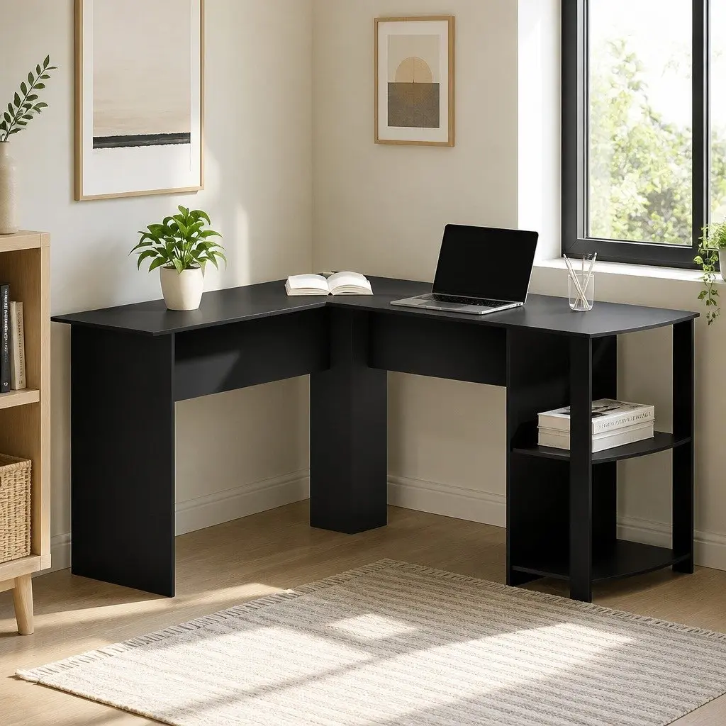 L-Shape Computer Desk for Home Office with Open Shelves and Cable Management Black 136cm W x 130cm D x 72.5cm H