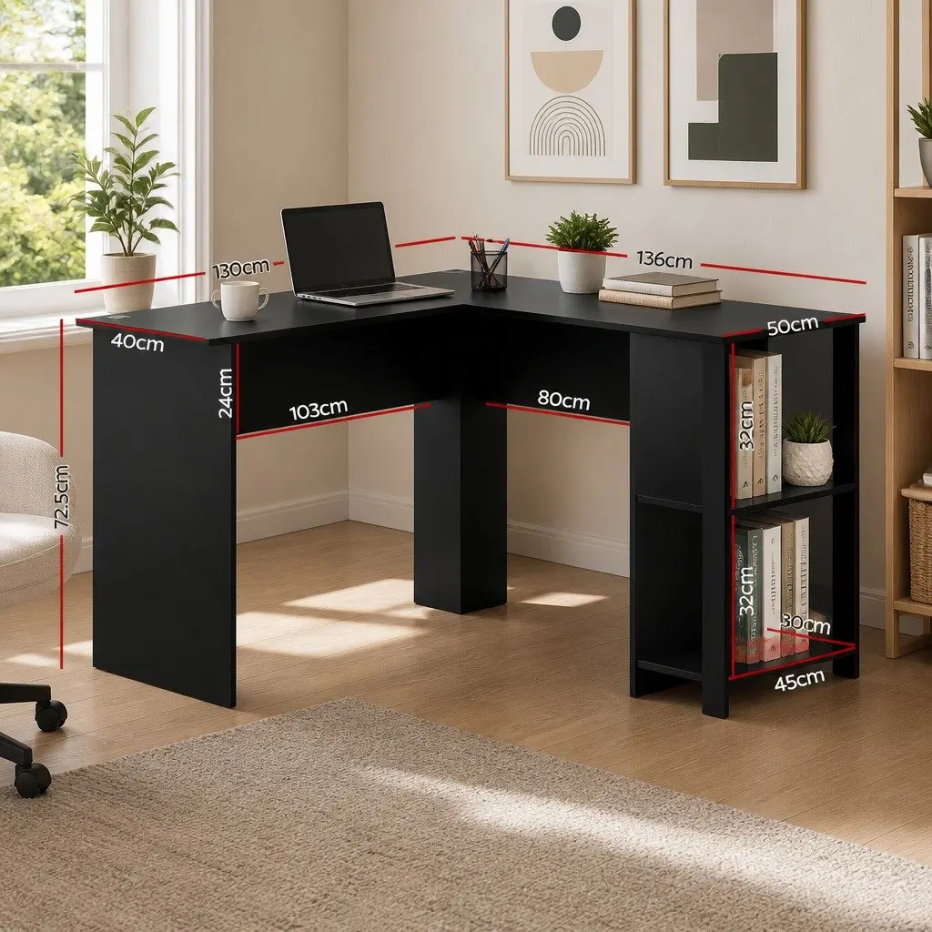 L-Shape Computer Desk for Home Office with Open Shelves and Cable Management Black 136cm W x 130cm D x 72.5cm H