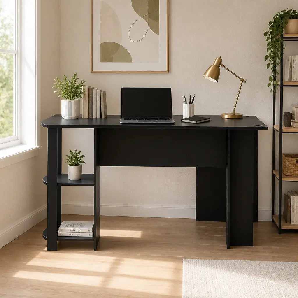 L-Shape Computer Desk for Home Office with Open Shelves and Cable Management Black 136cm W x 130cm D x 72.5cm H