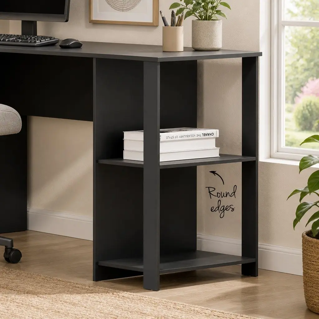 L-Shape Computer Desk for Home Office with Open Shelves and Cable Management Black 136cm W x 130cm D x 72.5cm H