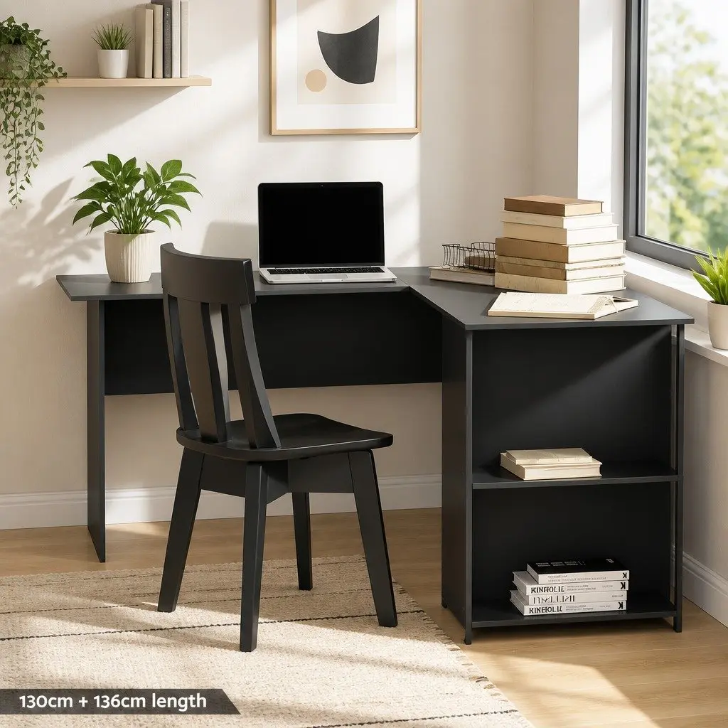 L-Shape Computer Desk for Home Office with Open Shelves and Cable Management Black 136cm W x 130cm D x 72.5cm H