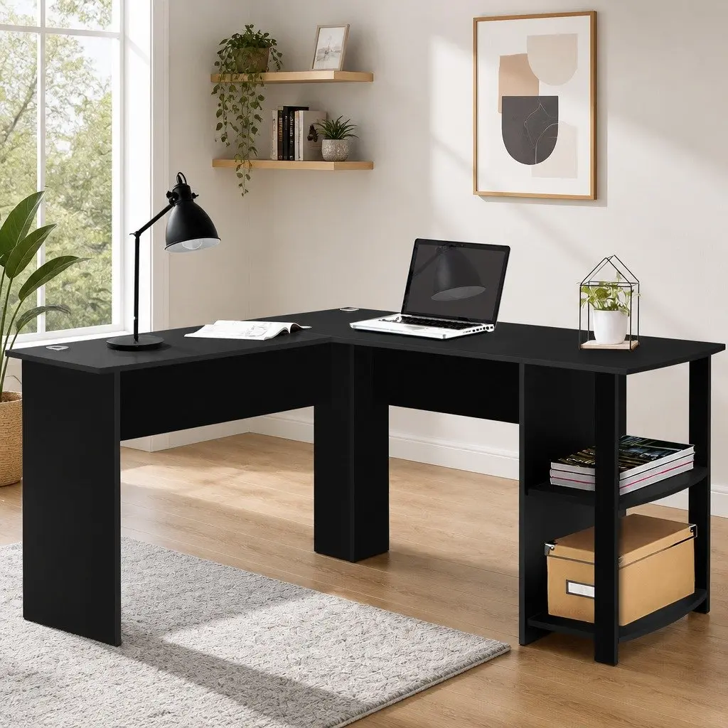 L-Shape Computer Desk for Home Office with Open Shelves and Cable Management Black 136cm W x 130cm D x 72.5cm H