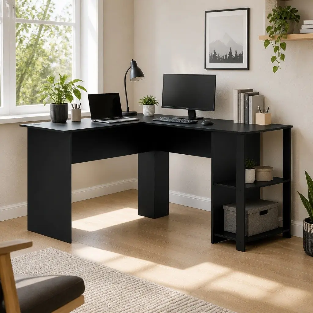 L-Shape Computer Desk for Home Office with Open Shelves and Cable Management Black 136cm W x 130cm D x 72.5cm H